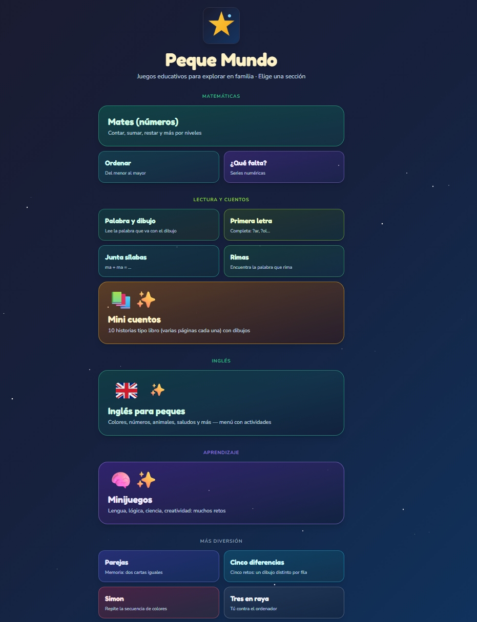Peque Mundo --  App web educativa para niños (matemáticas, lectura, inglés y minijuegos)